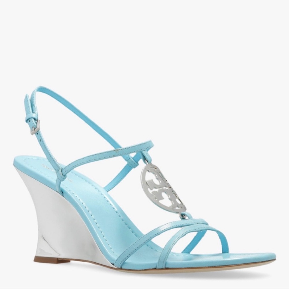 Tory Burch Light Blue and Silver Wedge Sandals